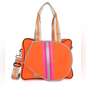 HAUTE SHORE Billie Tennis Bag
Orange Tote with Pink and Gray Stripes
